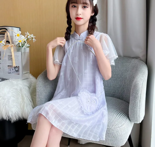 KYII Kids Girls Summer Round-neck Dress Short Sleeve Casual Loose Dress kyii0163