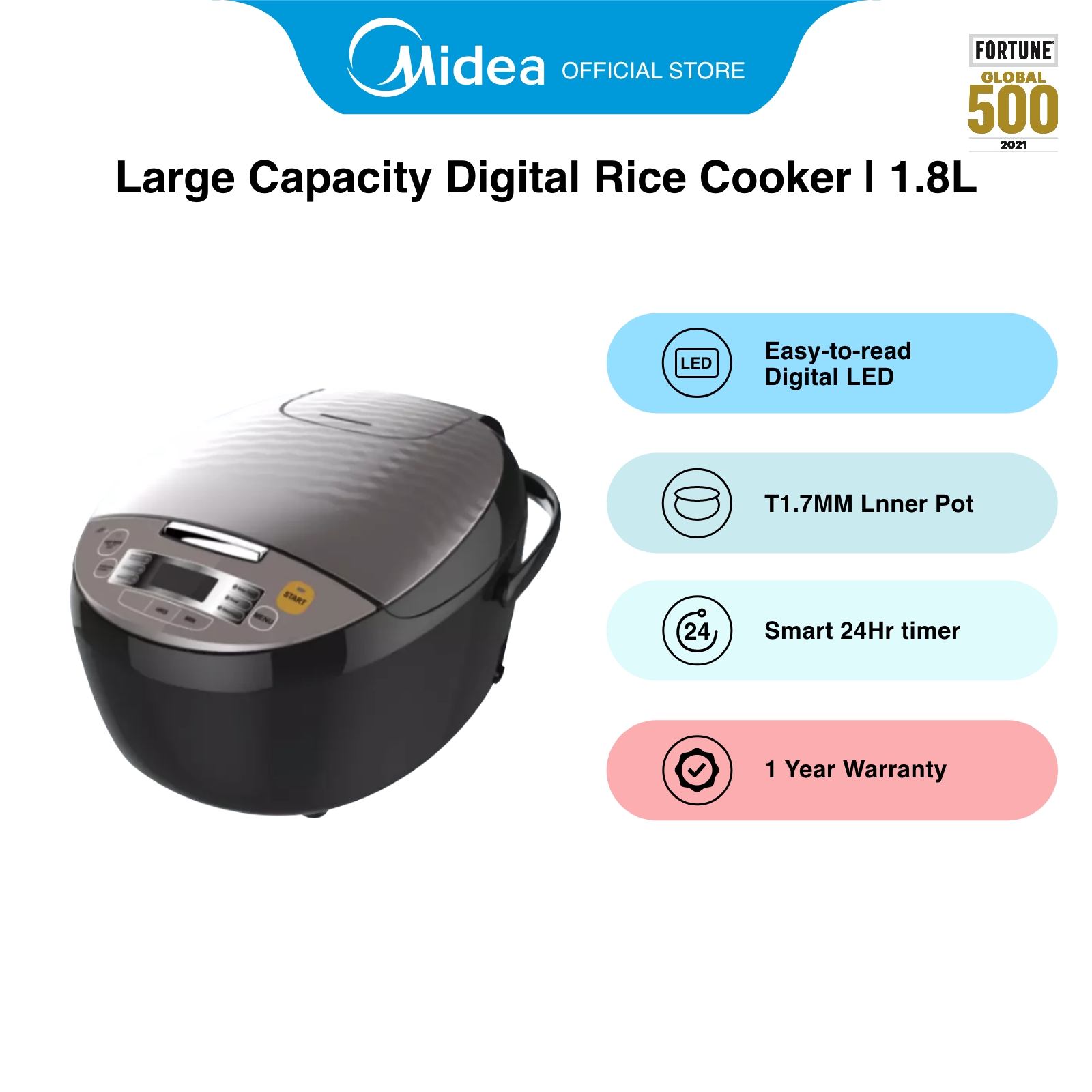 Midea MMR5018 Black Automatic keep warm function Rice Cooker, 1.8L