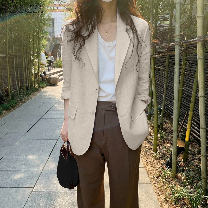 ZANZEA Korean Style Women Cotton Long Sleeve Casual Blazer Plain Loose Suits Outwear