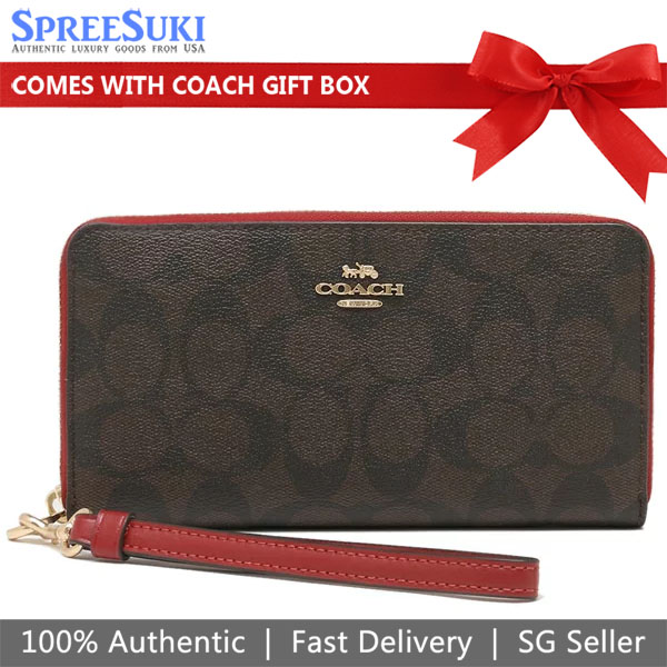 Coach Wallet In Gift Box Long Wallet Long Zip Around Wallet In Signature Canvas Brown 1941 Red # C4452